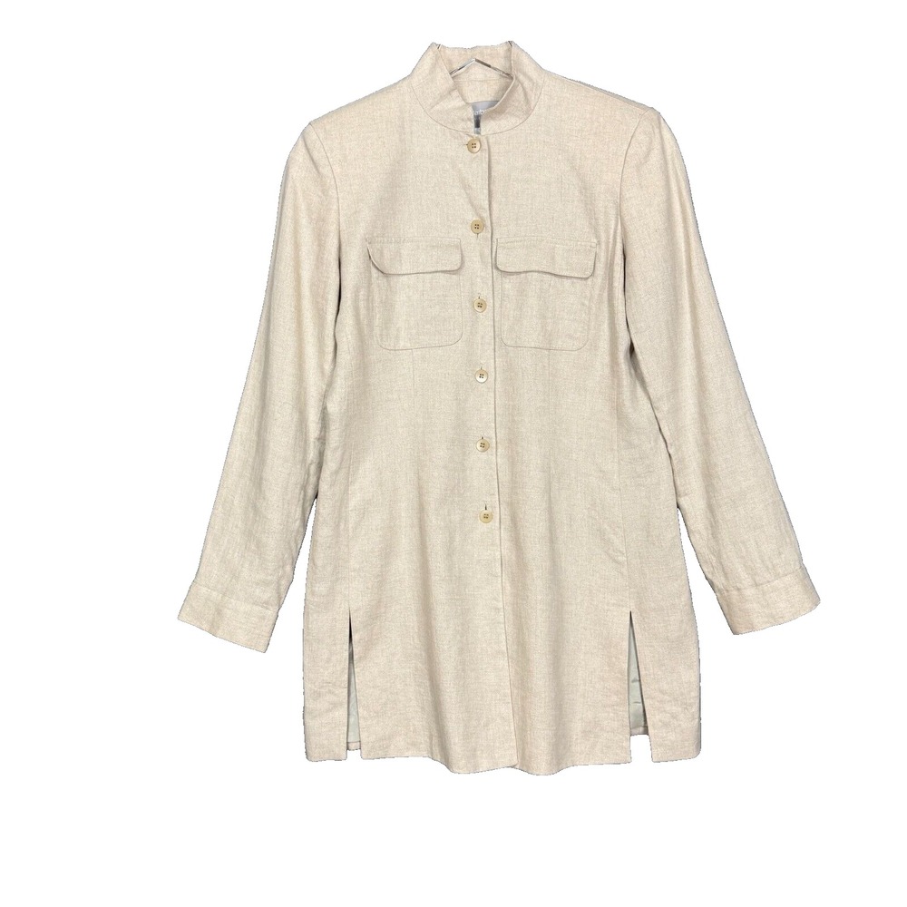 Liz Claiborne Jacket Womens 4‎ Beige Linen Long Blazer Mandarine Collar Vintage